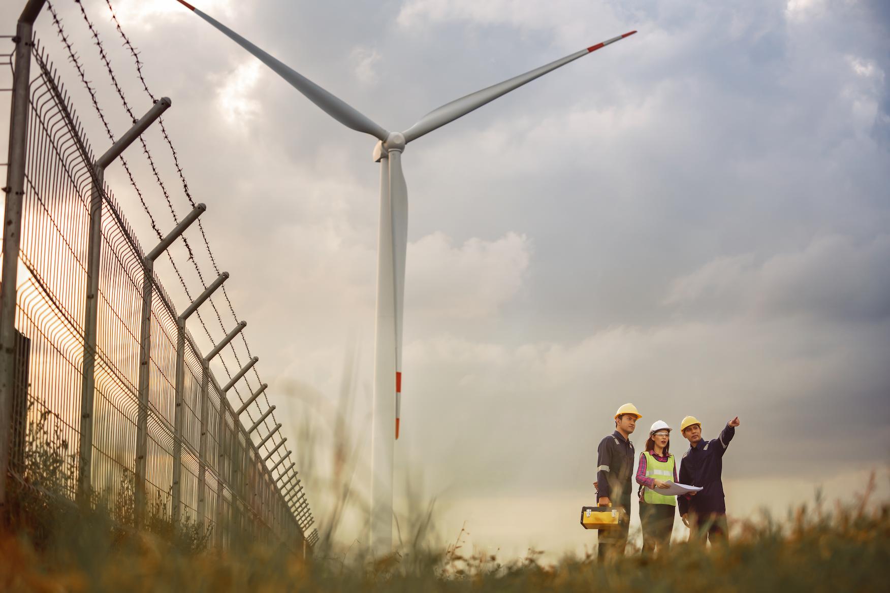 Wind turbine hoist technicians in field